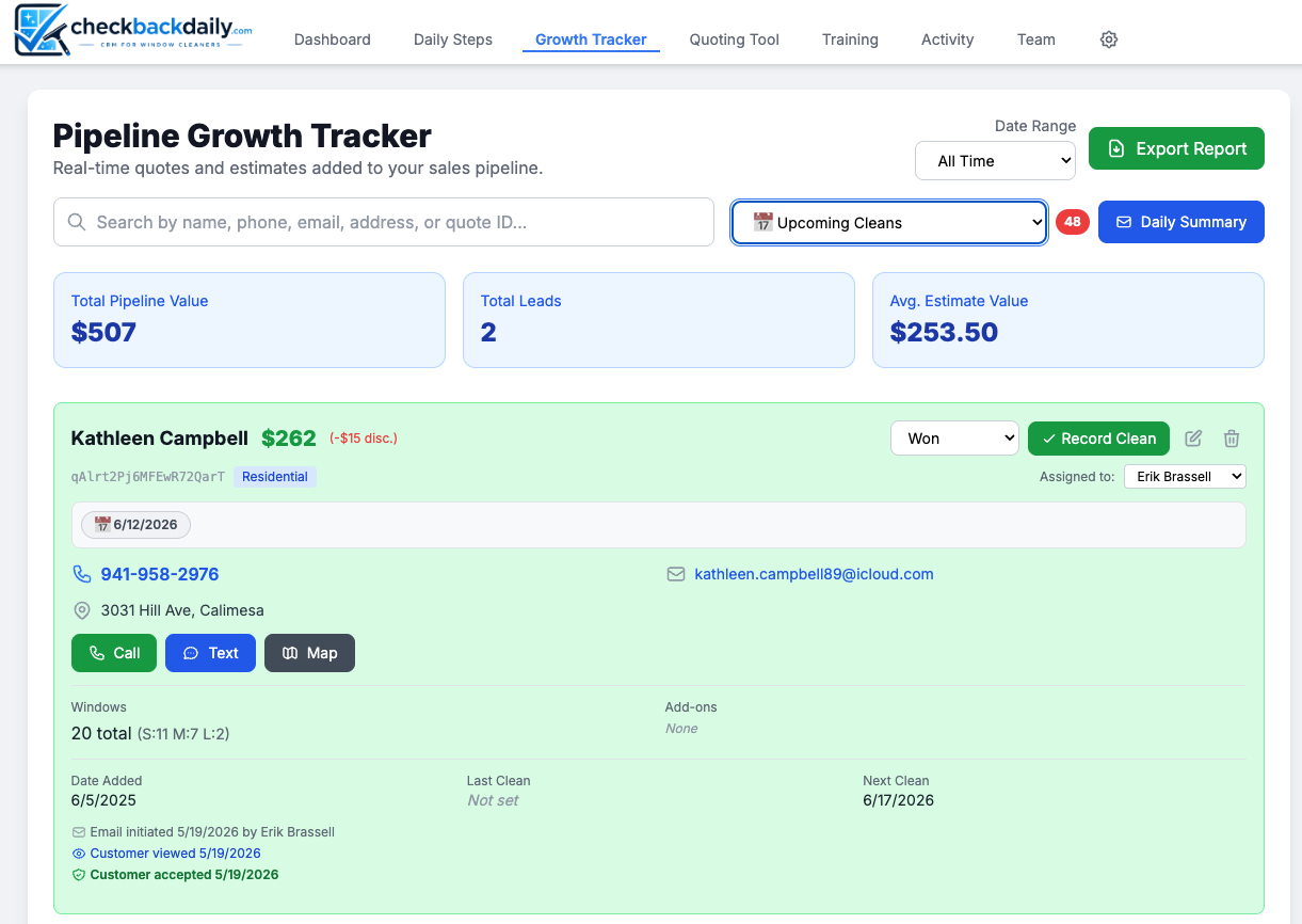 Growth Tracker — every quote, every customer
